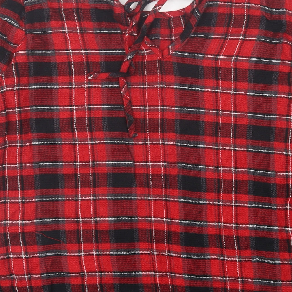 NEXT Womens Red Plaid Viscose Basic T-Shirt Size 8 Crew Neck