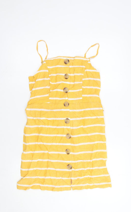 River Island Womens Yellow Striped Viscose Tank Dress  Size 8  Square Neck Tie