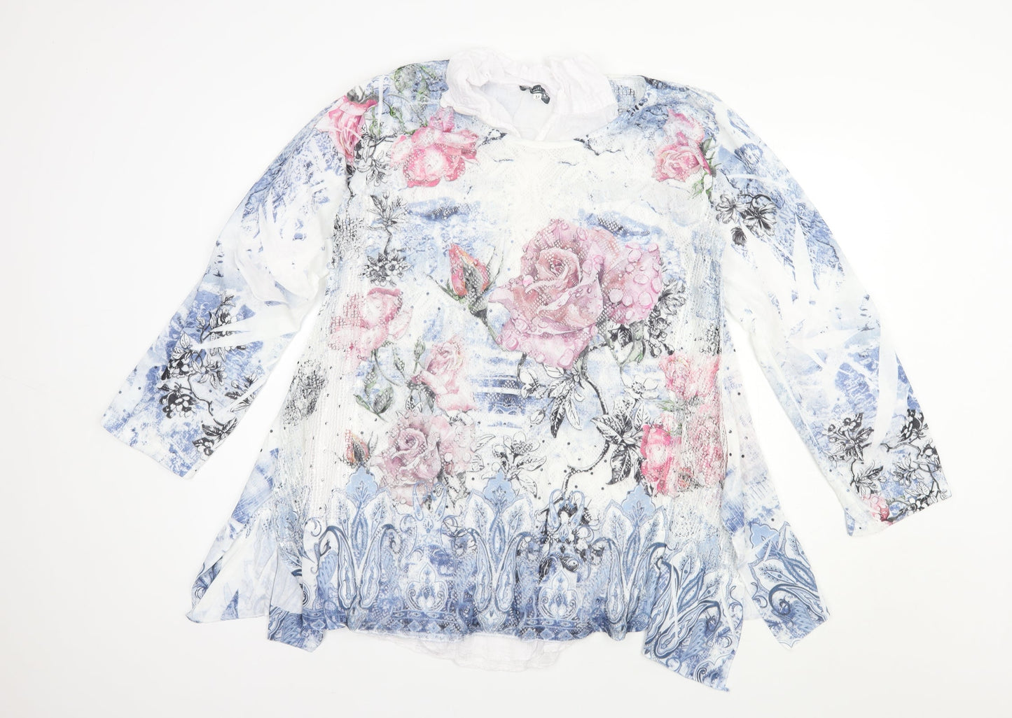 Nina Murati Womens White Floral Polyester Tunic Blouse Size M Collared