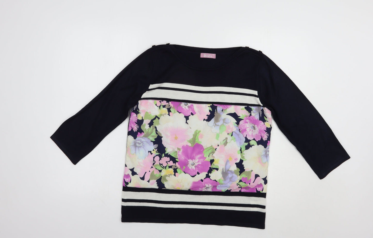 SaSa Womens Blue Boat Neck Floral Acrylic Pullover Jumper Size M