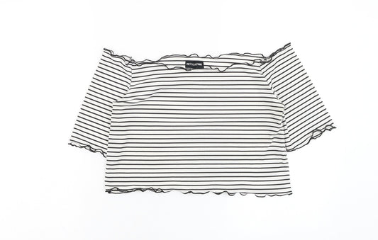 PRETTYLITTLETHING Womens White Striped Polyester Cropped Blouse Size 16 Square Neck