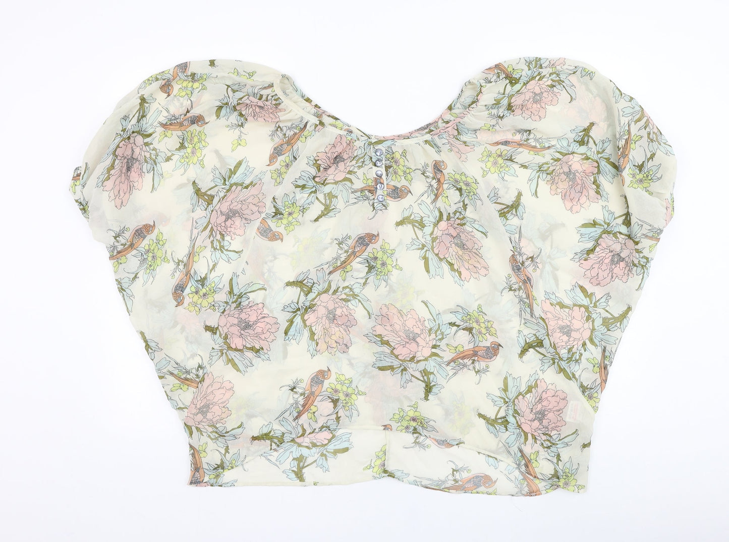 Internacionale Womens Ivory Floral Polyester Basic Blouse Size 10 Round Neck