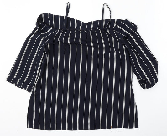 River Island Womens Blue Striped Polyester Basic Blouse Size 8 Round Neck