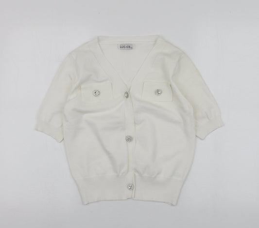 Luc-ce Womens White V-Neck  Viscose Cardigan Jumper Size M