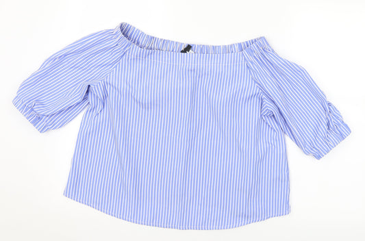 New Look Womens Blue Striped Polyester Basic T-Shirt Size 10 Off the Shoulder