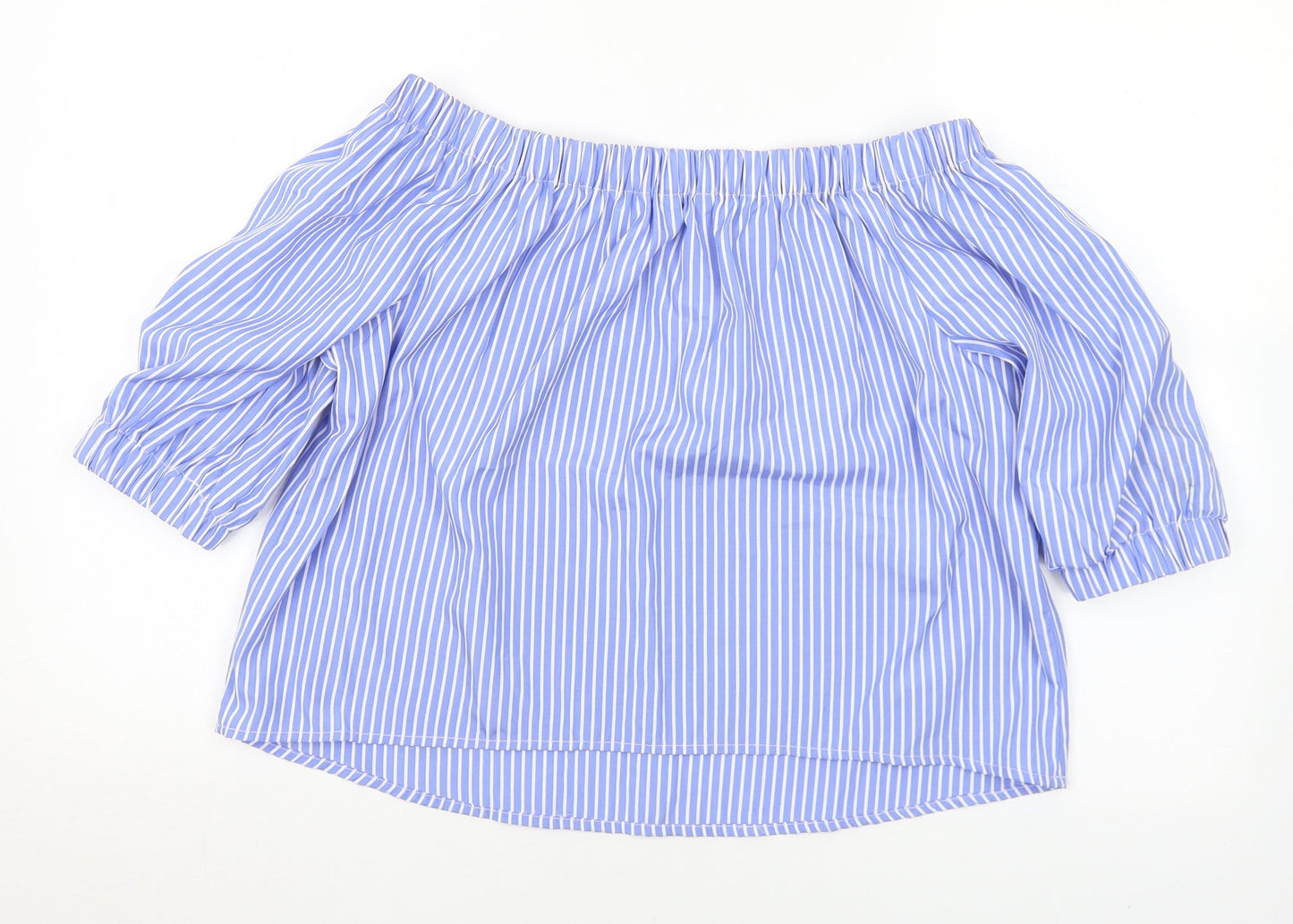 New Look Womens Blue Striped Polyester Basic T-Shirt Size 10 Off the Shoulder