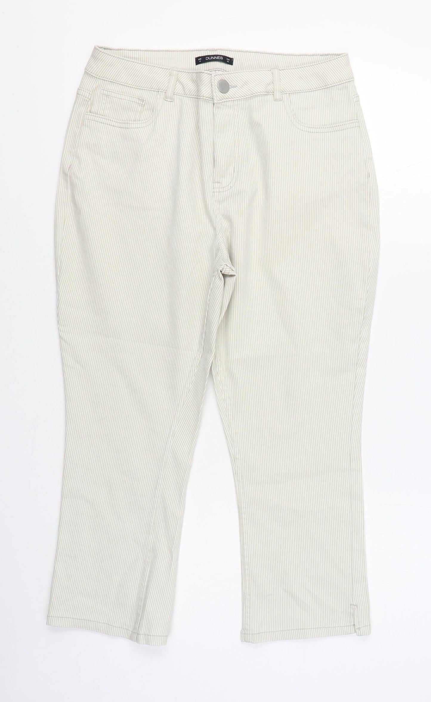 Dunnes Stores Womens Beige Striped Cotton Trousers  Size 14 L22 in Regular Zip