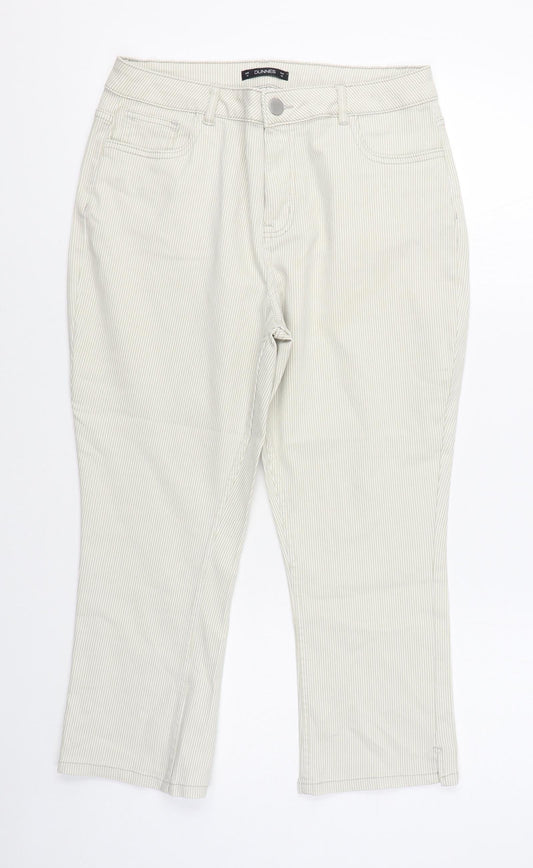 Dunnes Stores Womens Beige Striped Cotton Trousers  Size 14 L22 in Regular Zip