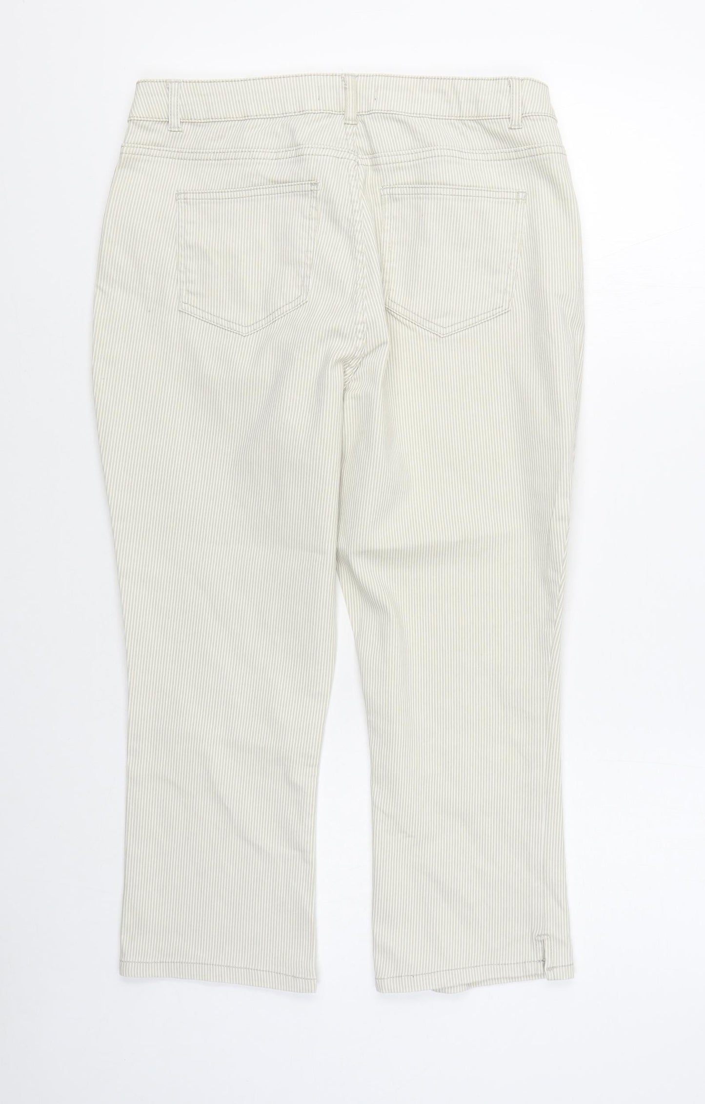 Dunnes Stores Womens Beige Striped Cotton Trousers  Size 14 L22 in Regular Zip
