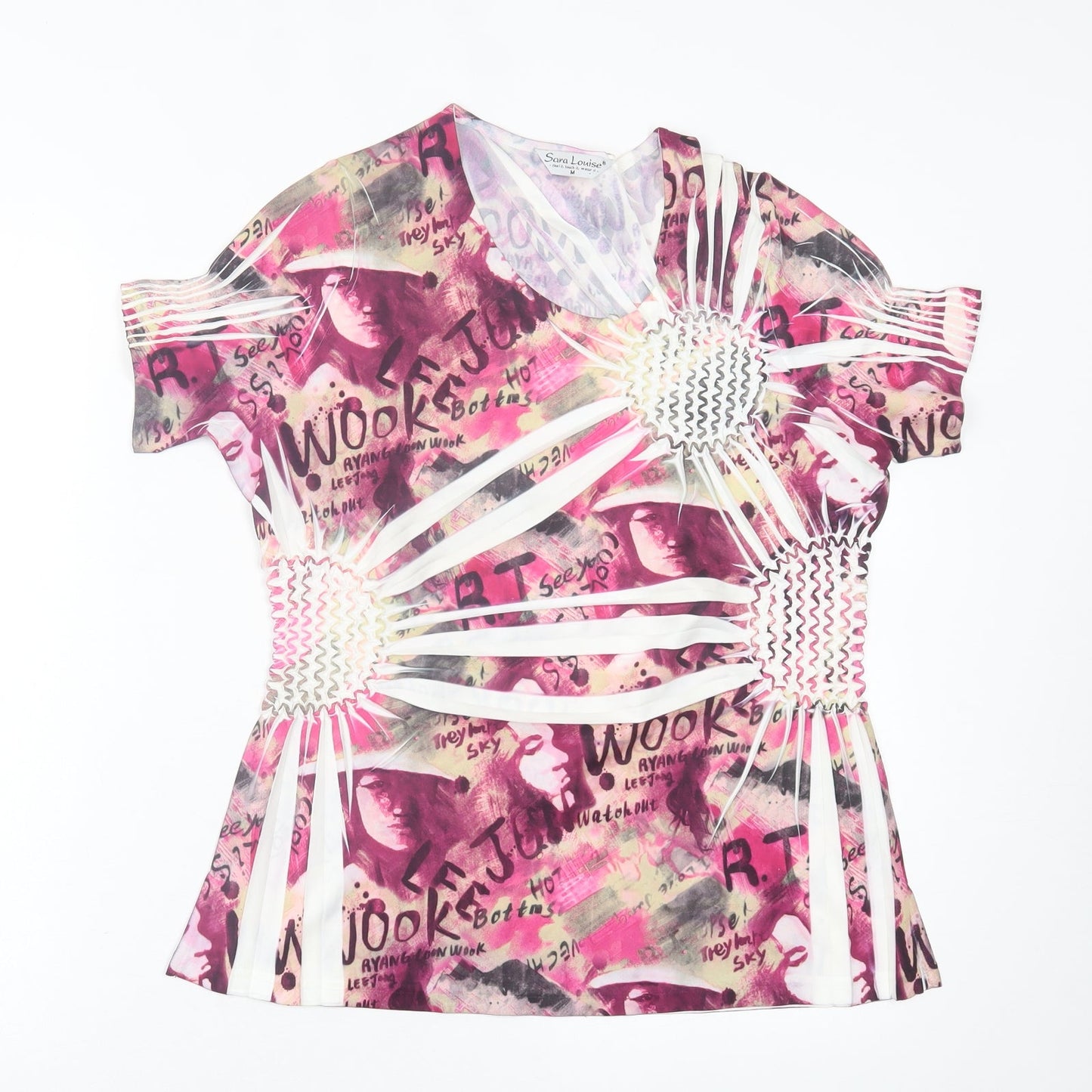 Sarah Louise Womens Pink Geometric Polyester Basic T-Shirt Size M Crew Neck