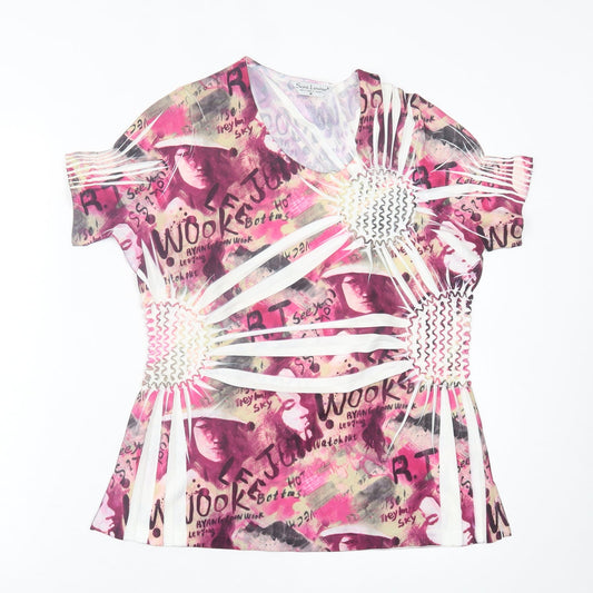 Sarah Louise Womens Pink Geometric Polyester Basic T-Shirt Size M Crew Neck