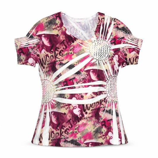 Sarah Louise Womens Pink Geometric Polyester Basic T-Shirt Size M Crew Neck