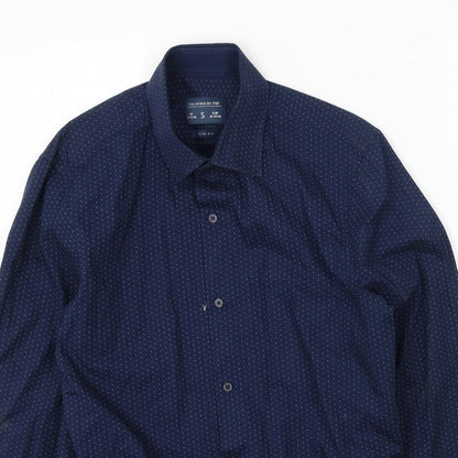 F&F Mens Blue Polka Dot Cotton  Button-Up Size S Collared