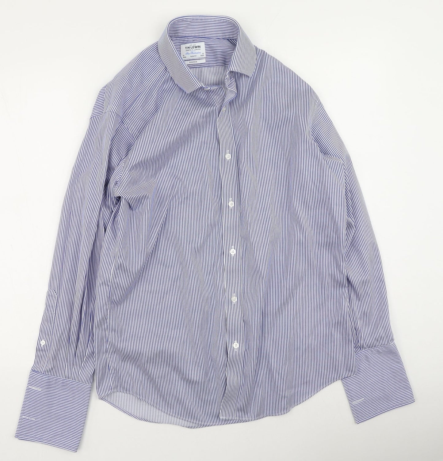 T.M.Lewin Mens Blue Striped Cotton  Button-Up Size 34 Collared
