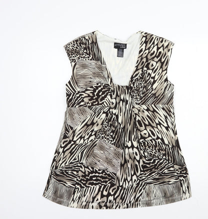 Attitudes Womens Brown Animal Print Polyester Basic Blouse Size L V-Neck
