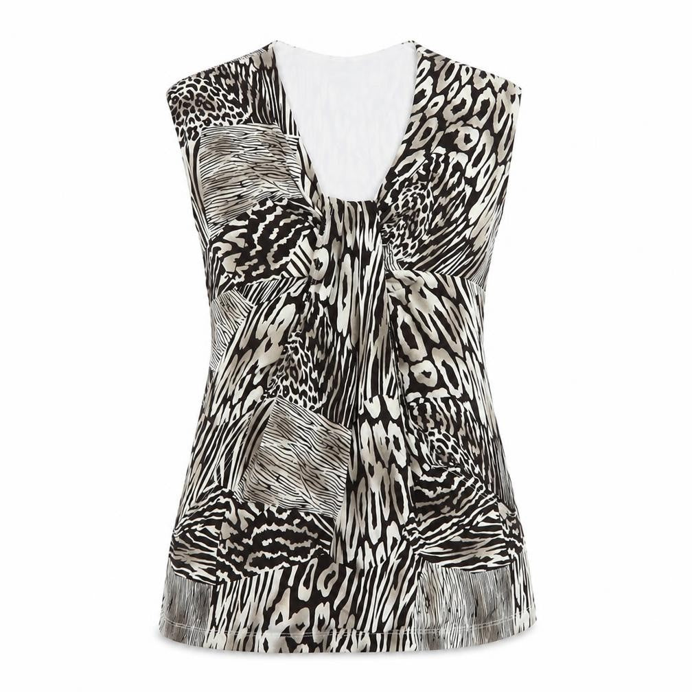 Attitudes Womens Brown Animal Print Polyester Basic Blouse Size L V-Neck