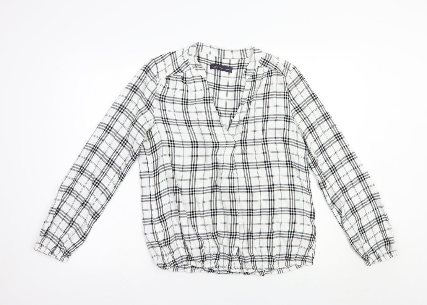 Marks and Spencer Womens White Plaid Viscose Basic Blouse Size 8 V-Neck