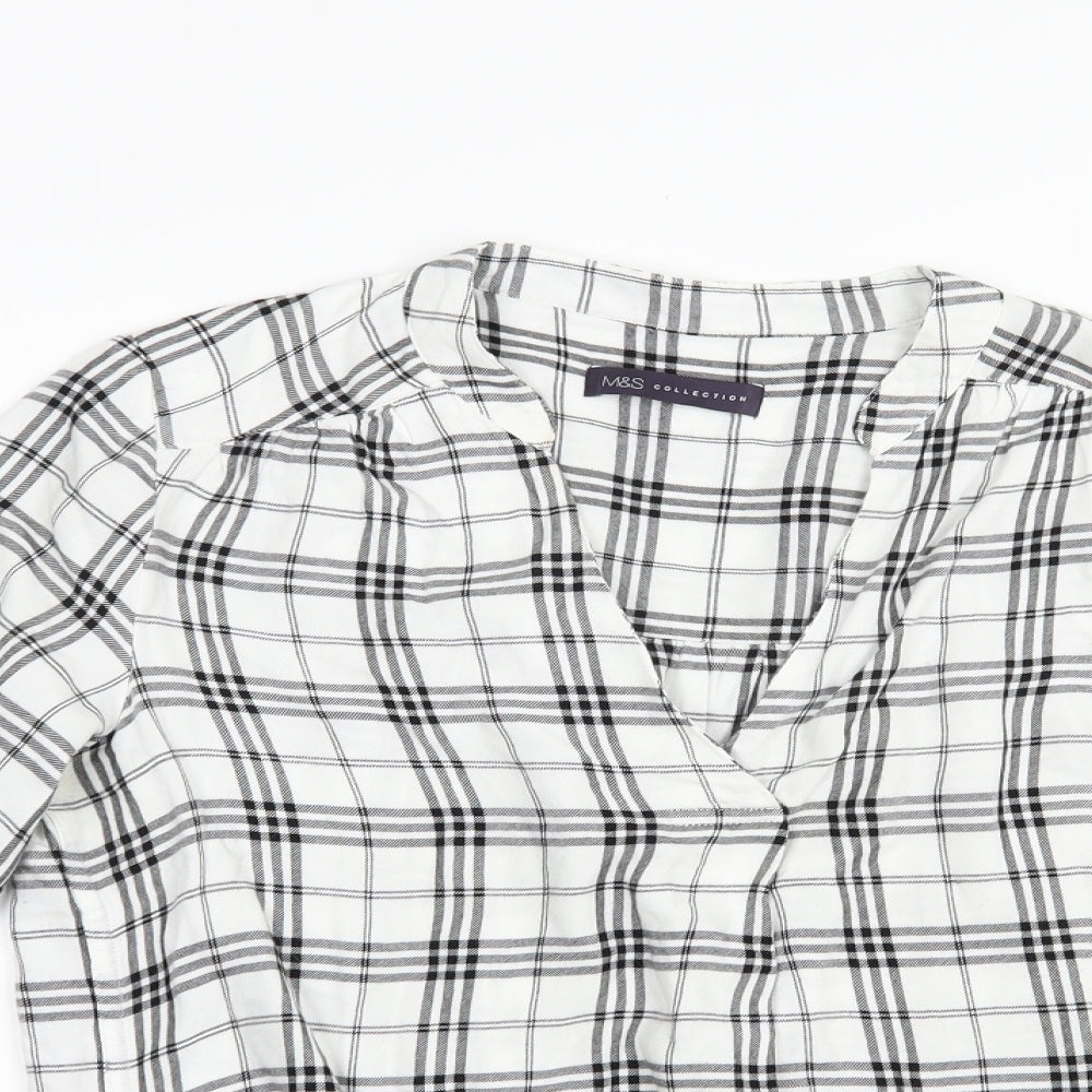 Marks and Spencer Womens White Plaid Viscose Basic Blouse Size 8 V-Neck