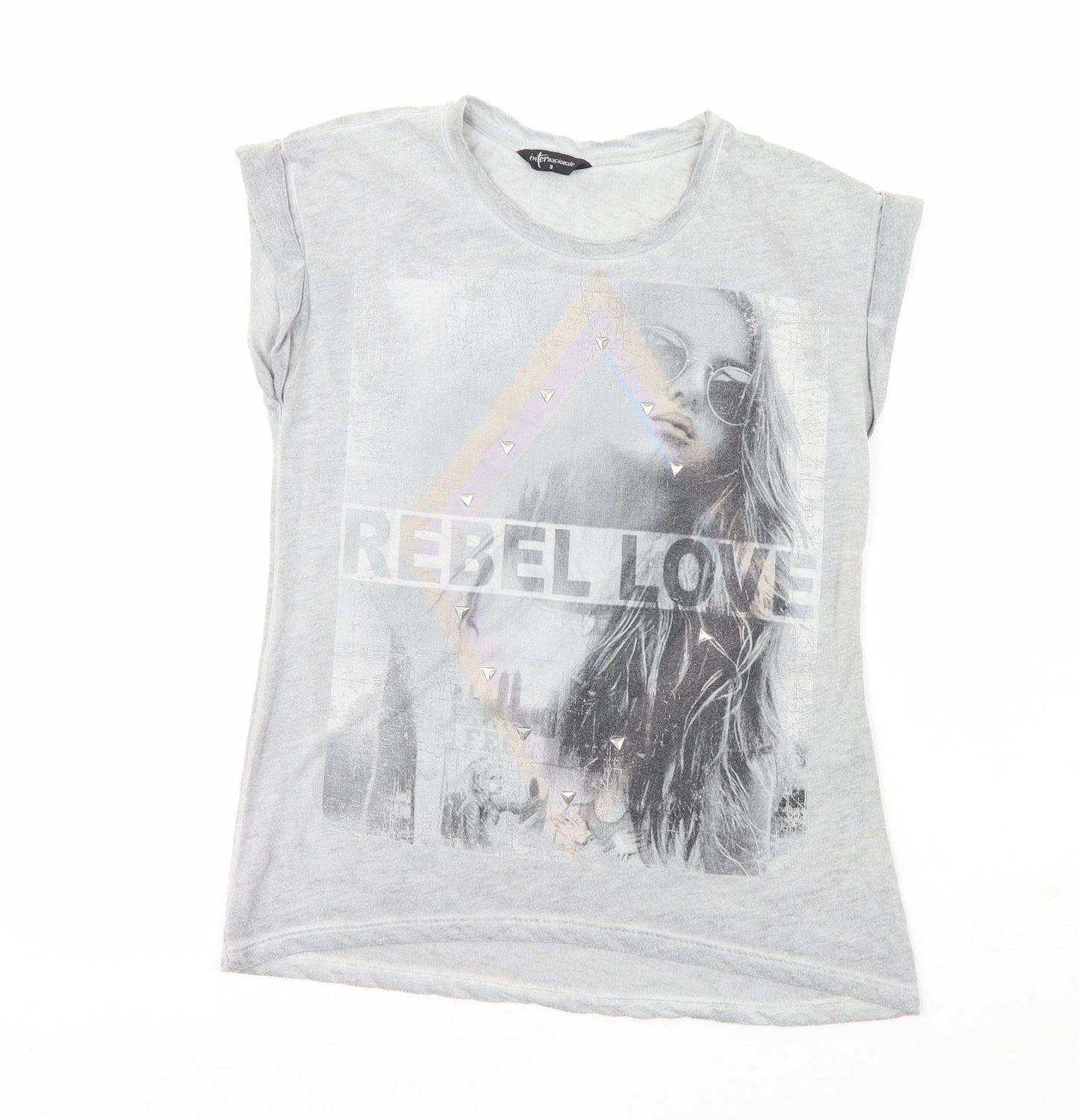 Internacionale Womens Grey  Polyester Basic T-Shirt Size 8 Crew Neck - Rebel Love