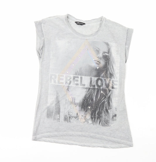 Internacionale Womens Grey  Polyester Basic T-Shirt Size 8 Crew Neck - Rebel Love