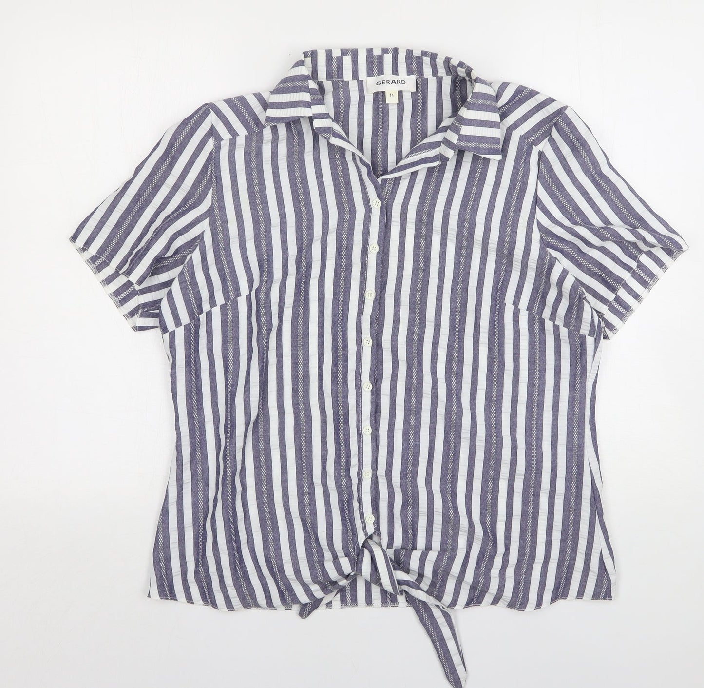 Gerard Womens Blue Striped Polyester Basic Blouse Size 14 Collared
