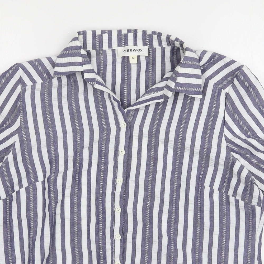 Gerard Womens Blue Striped Polyester Basic Blouse Size 14 Collared
