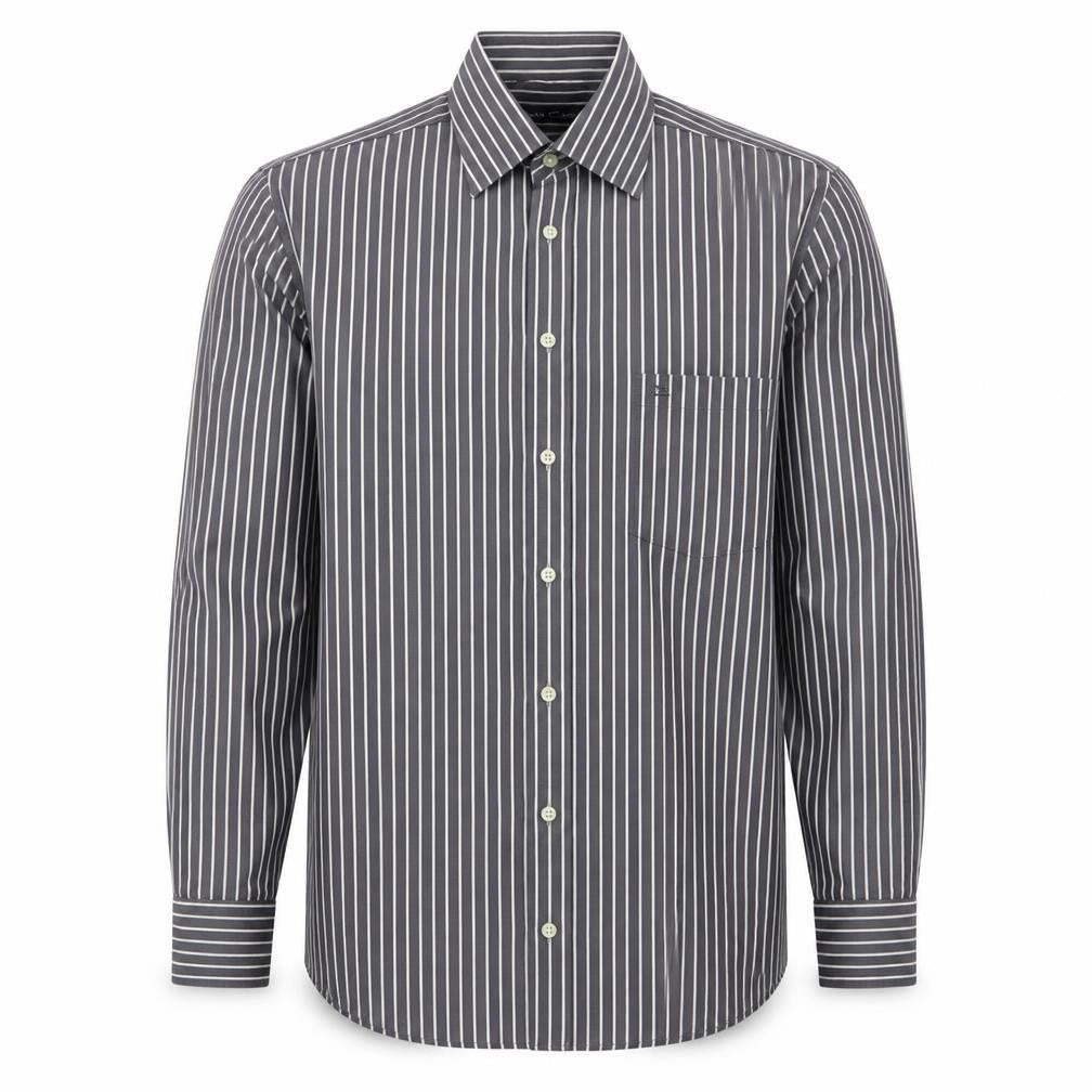 CASAMODA Mens Grey Striped Cotton  Button-Up Size L Collared Button
