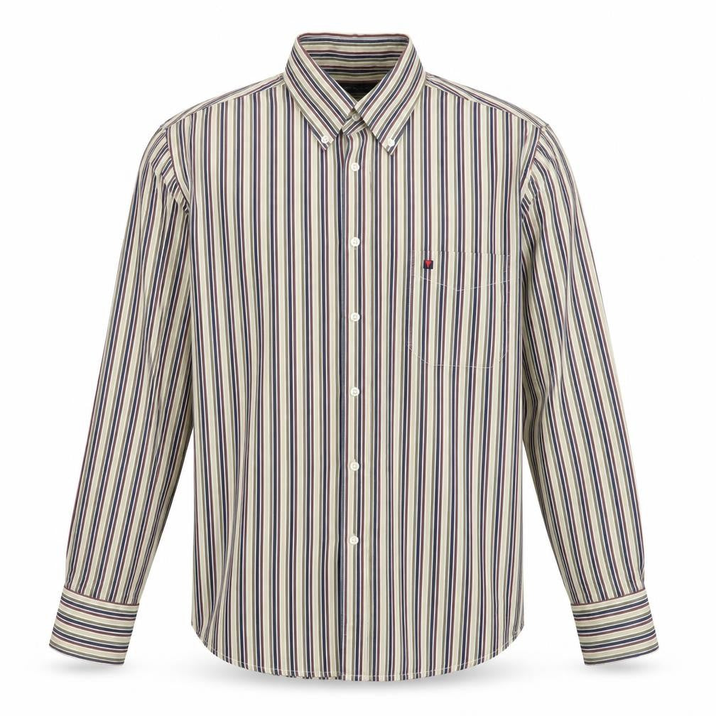 Tricot Marine Mens Beige Striped Cotton  Button-Up Size M Collared Button