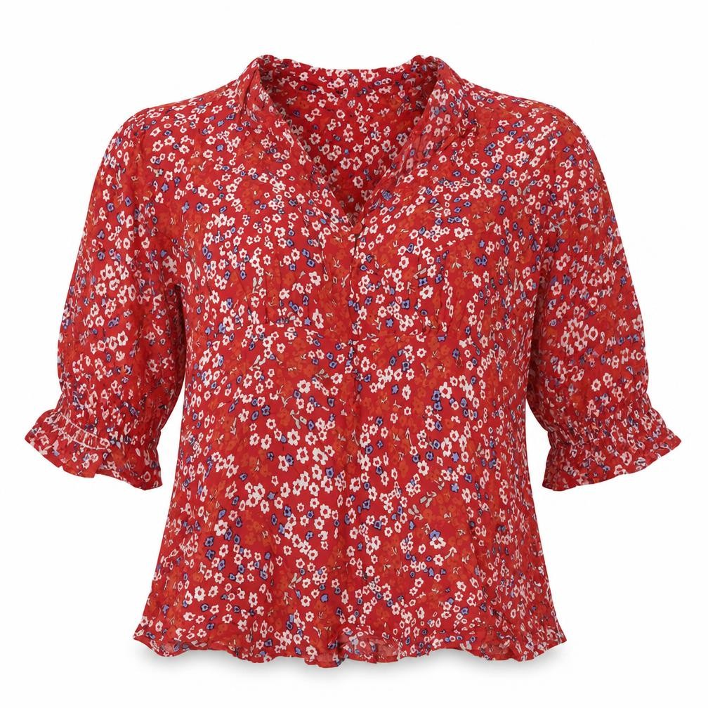 Dunnes Stores Womens Red Floral Viscose Basic Blouse Size M Round Neck