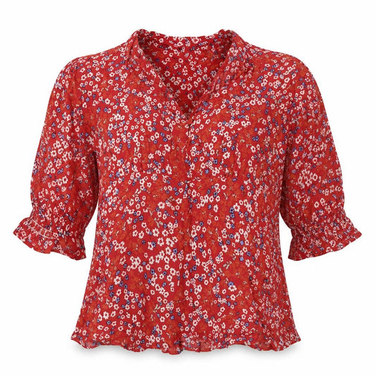 Dunnes Womens Red Floral Viscose Basic Blouse Size M Round Neck