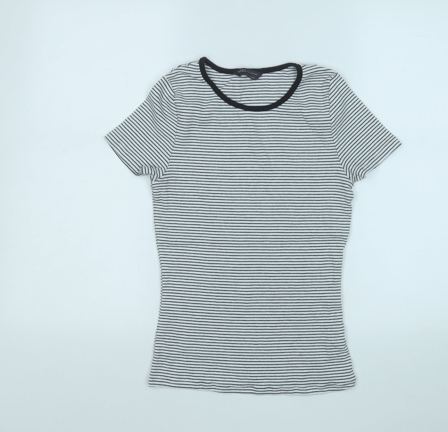 Marks and Spencer Womens White Striped Cotton Basic T-Shirt Size 12 Round Neck