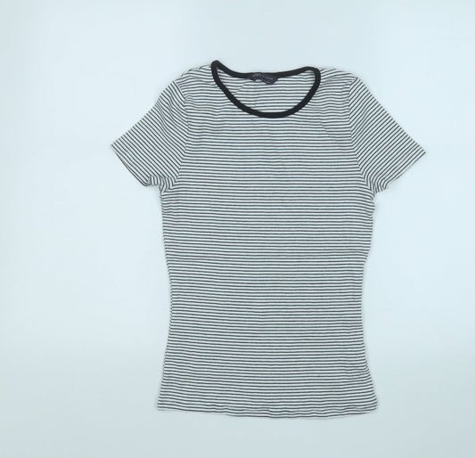 Marks and Spencer Womens White Striped Cotton Basic T-Shirt Size 12 Round Neck