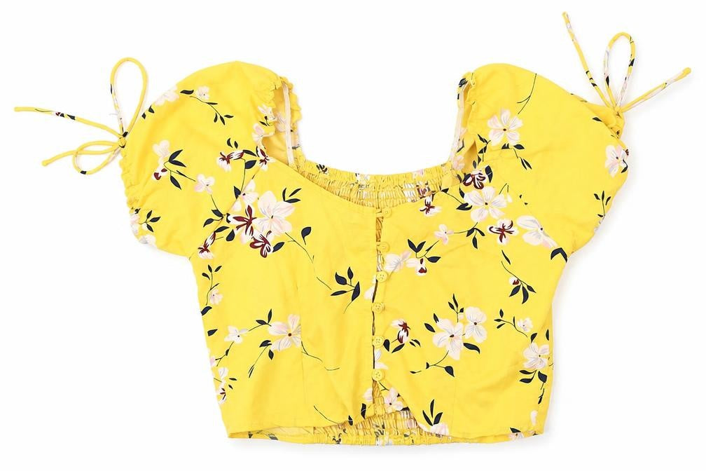 Chemistry Womens Yellow Floral Polyester Basic Blouse Size 10 Round Neck