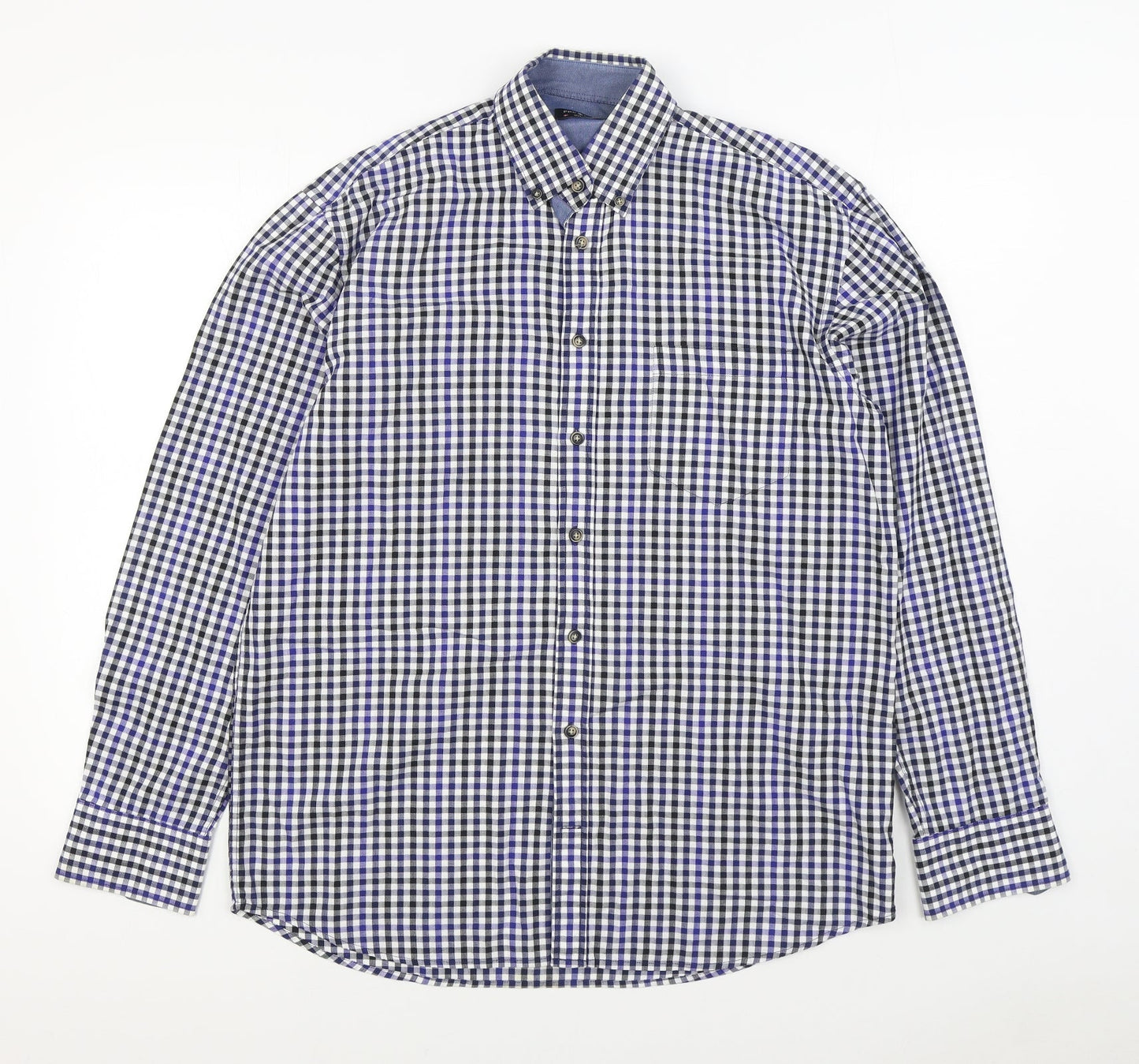 Pretend Mens Blue Plaid Cotton  Button-Up Size M Collared Button