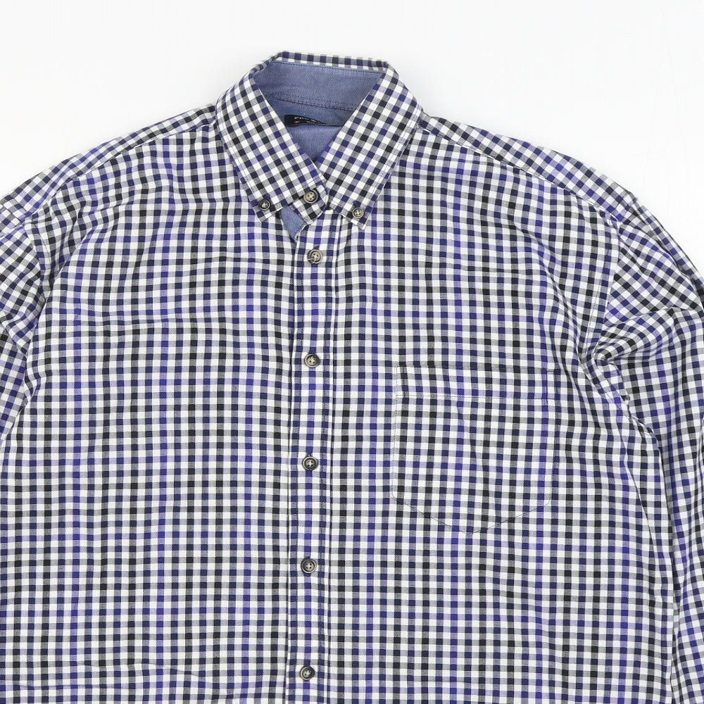 Pretend Mens Blue Plaid Cotton  Button-Up Size M Collared Button