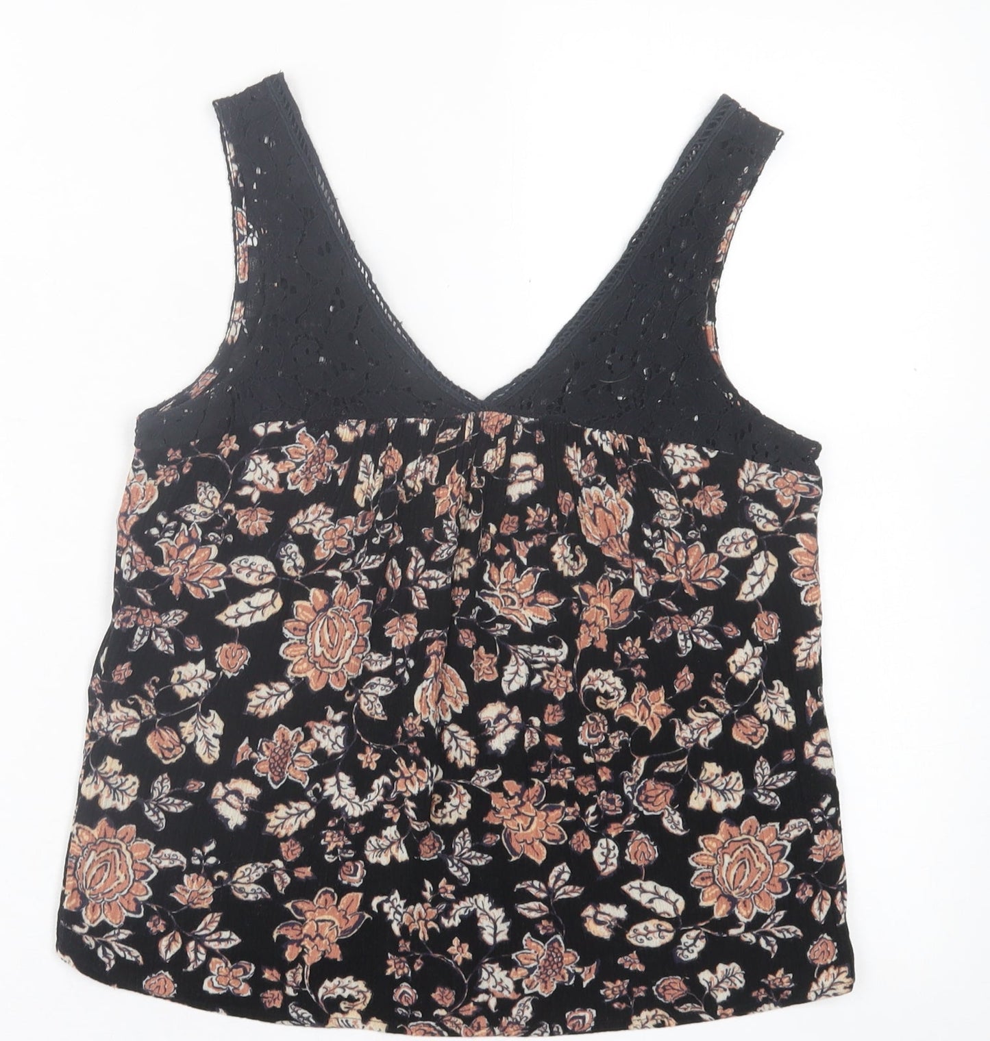 Lily White Womens Black Floral Polyester Basic Tank Size XS V-Neck