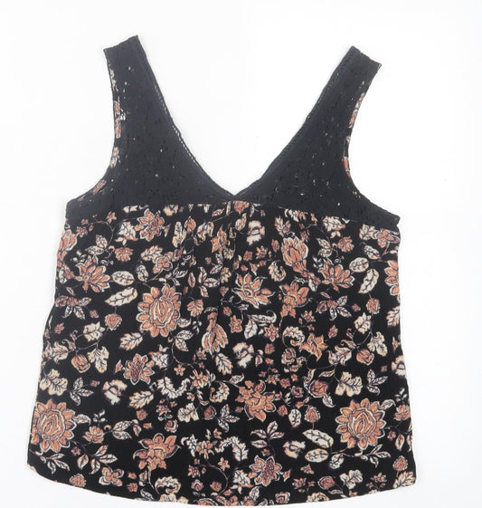 Lily White Womens Black Floral Polyester Basic Tank Size XS V-Neck