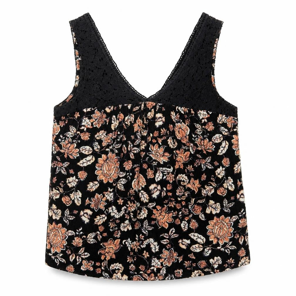 Lily White Womens Black Floral Polyester Basic Tank Size XS V-Neck