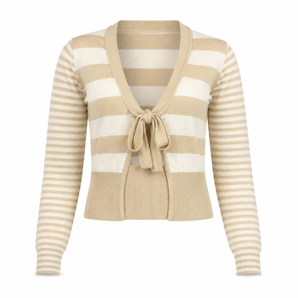 Stressmoda Womens Beige V-Neck Striped Acrylic Cardigan Jumper Size S