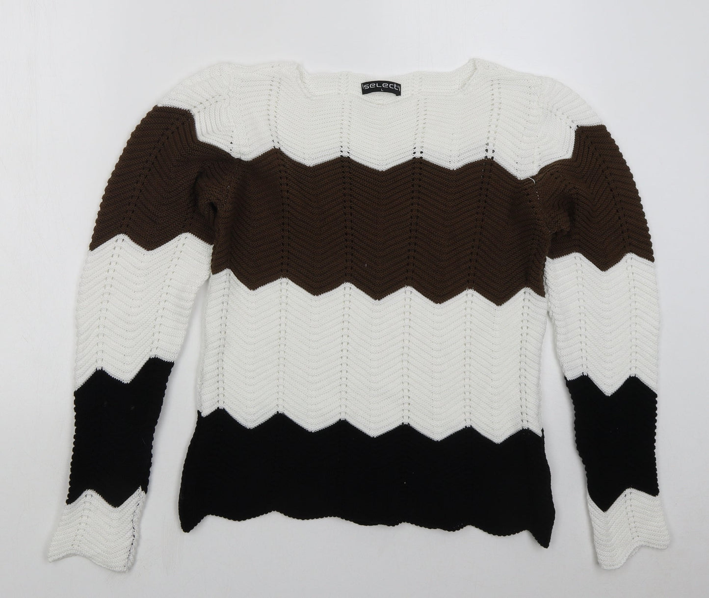 Select Womens Brown Boat Neck Striped Cotton Pullover Jumper Size L