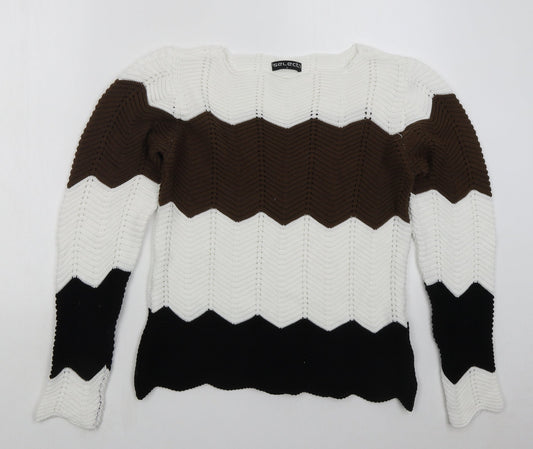 Select Womens Brown Boat Neck Striped Cotton Pullover Jumper Size L