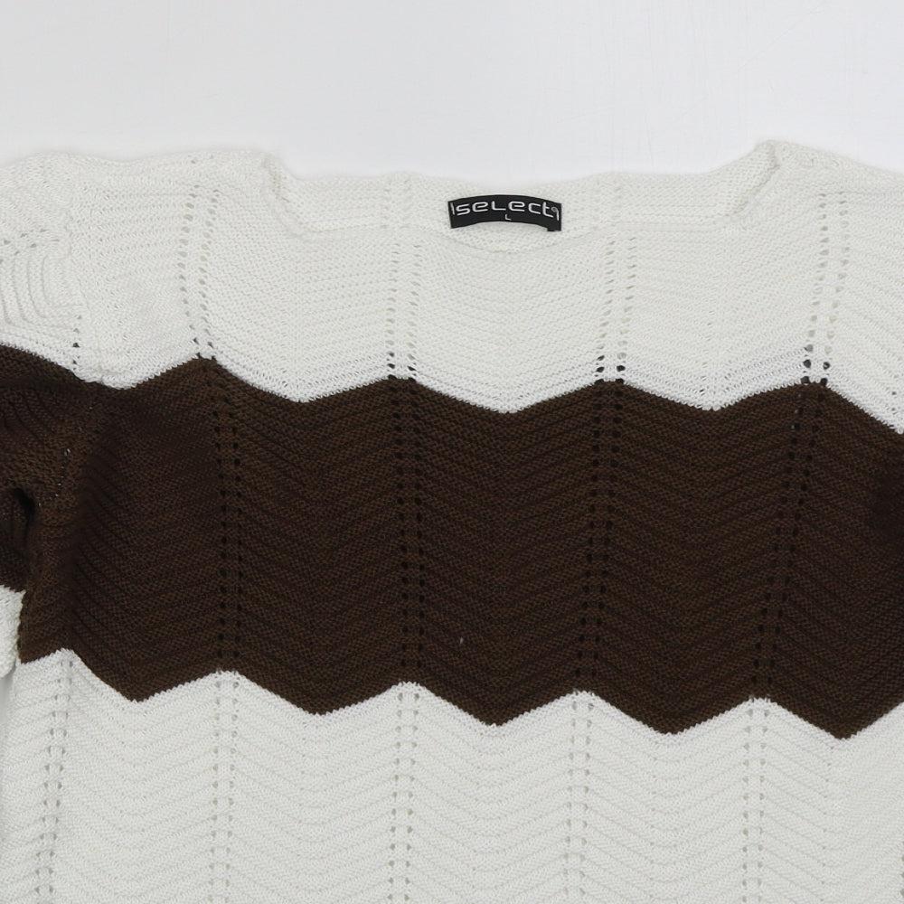 Select Womens Brown Boat Neck Striped Cotton Pullover Jumper Size L