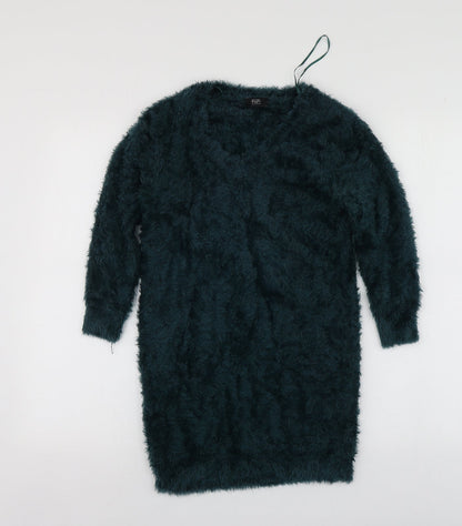 F&F Womens Green V-Neck  Nylon Pullover Jumper Size 8