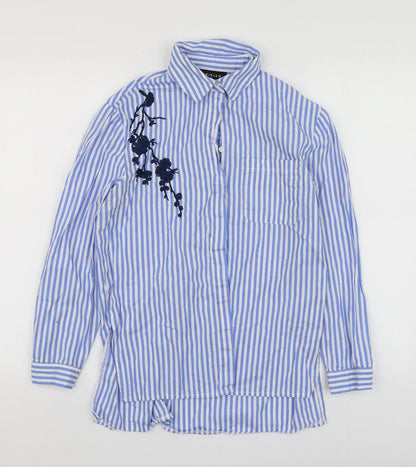Parisian Womens Blue Striped Cotton Basic Button-Up Size 8 Collared