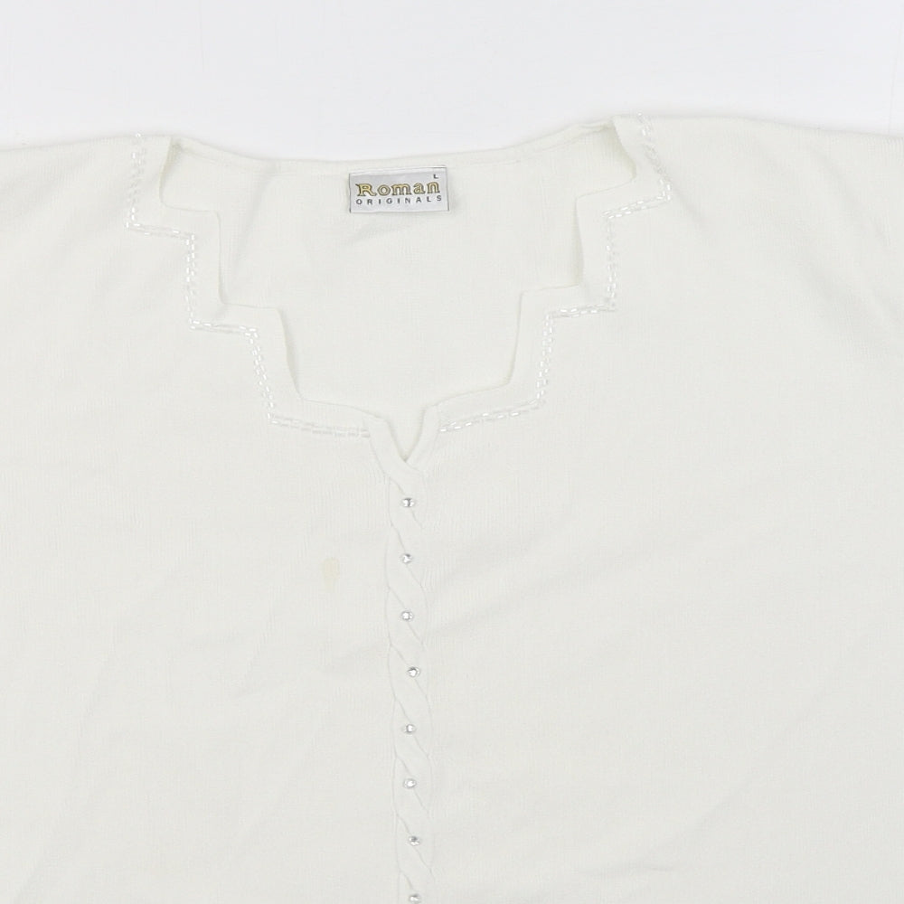 Roman Womens White V-Neck  Viscose Pullover Jumper Size L