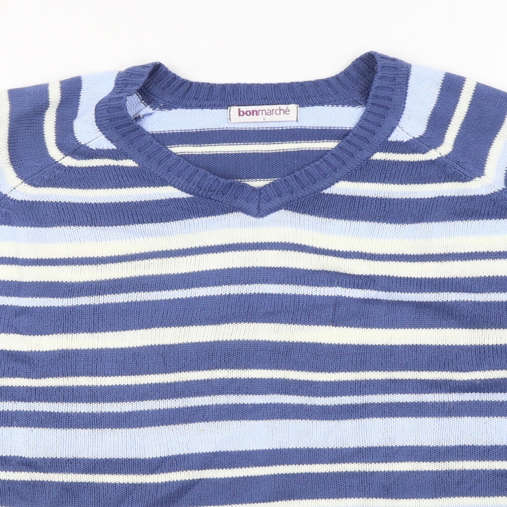 Bonmarché Womens Blue V-Neck Striped Acrylic Pullover Jumper Size L