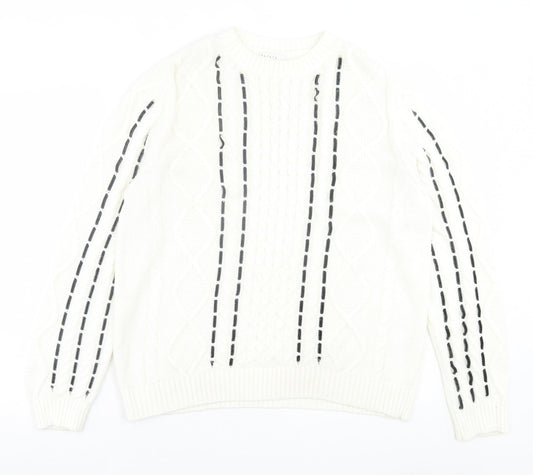 Papaya Womens White Crew Neck Geometric Acrylic Pullover Jumper Size M