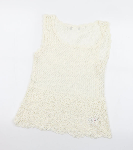 Peacocks Womens White Round Neck  Acrylic Vest Jumper Size 12
