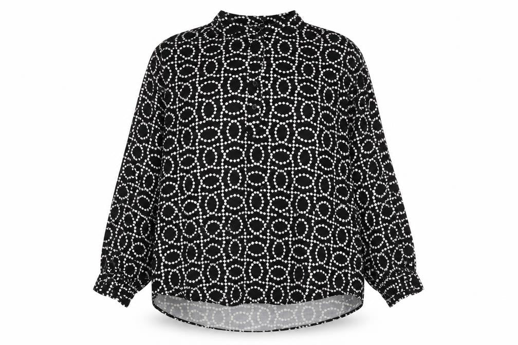 H&M  Womens Black Geometric Viscose Jersey Blouse Size M Crew Neck