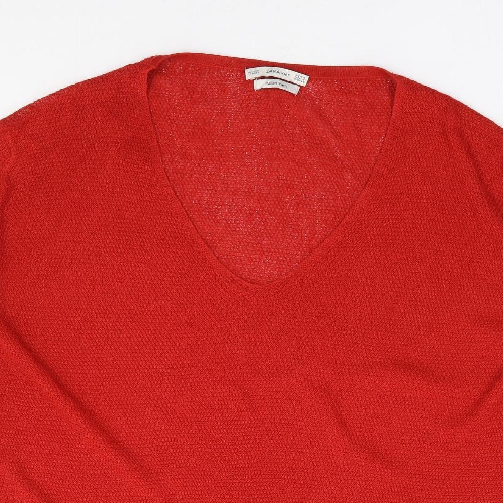 Zara Womens Red  Viscose Jersey T-Shirt Size S V-Neck